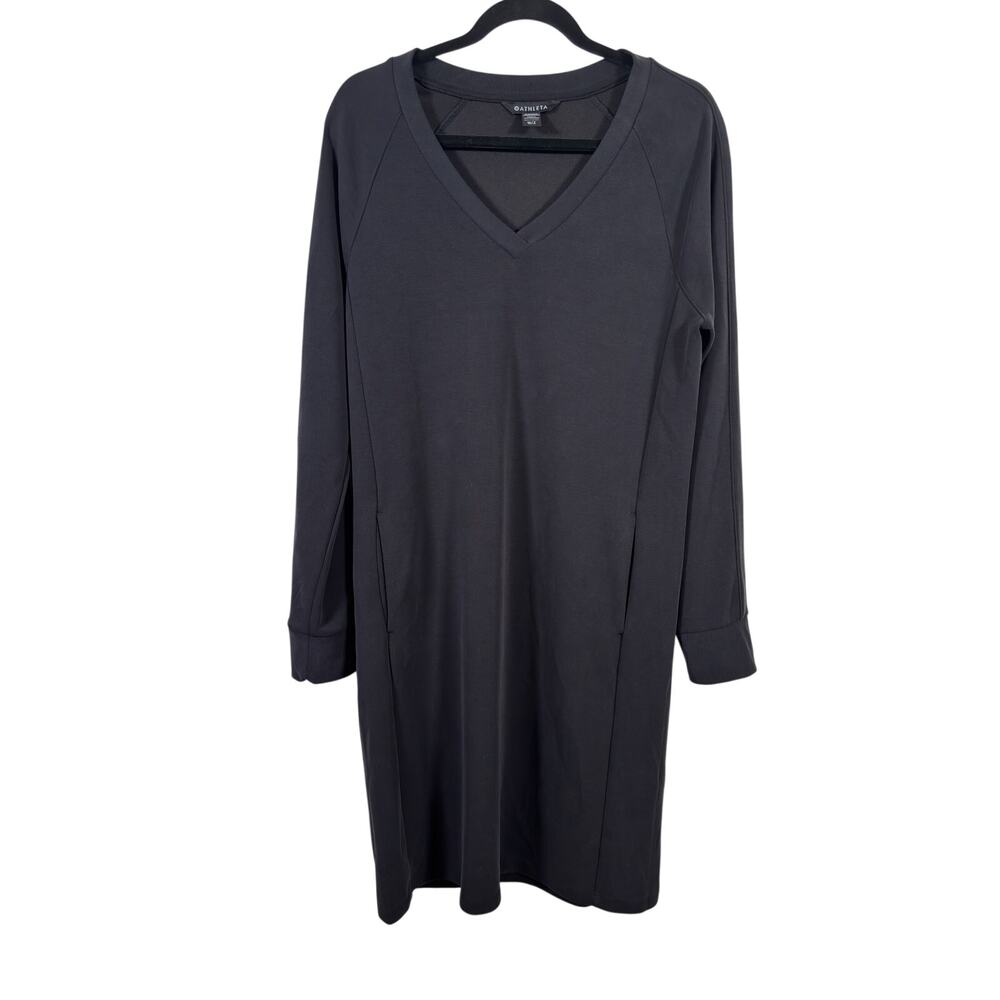Athleta Dress Womens Medium Tall MT Black Seasoft V-Neck Long Sleeve Knee Length